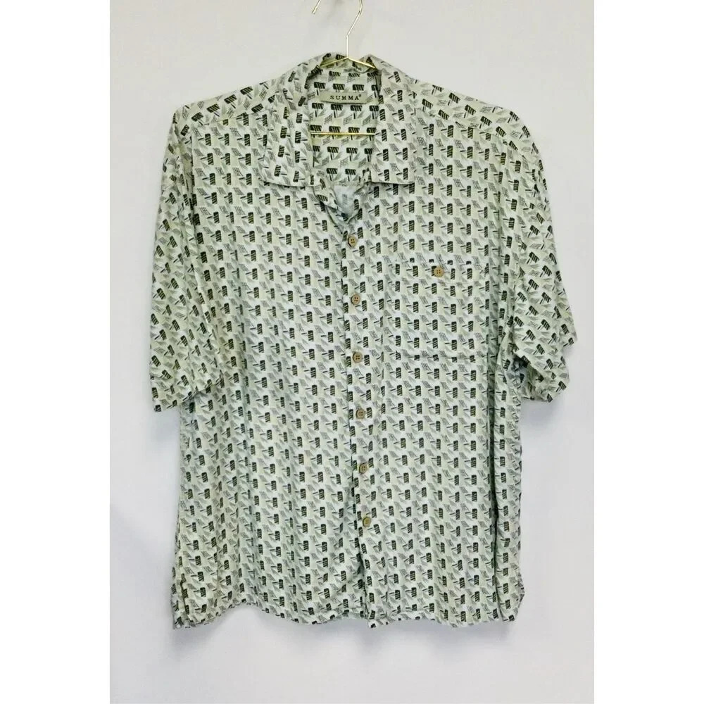 Vintage Summa‎ Mens White Green Printed Short Sleeve Button-Down Shirt Size XL